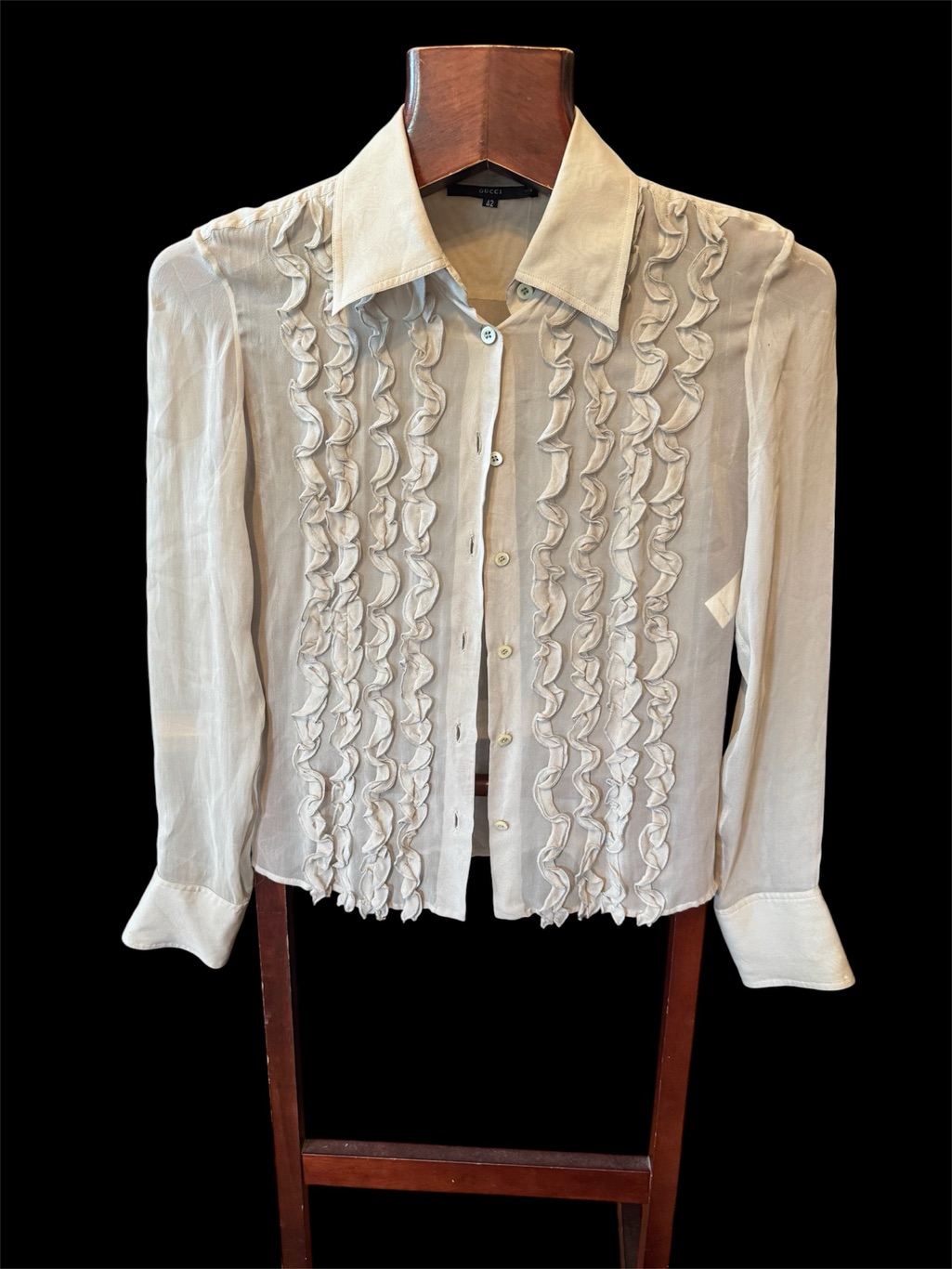 Gucci Cream100% Silk Sheer Blouse With Black Label.Authentic Size 42(M)